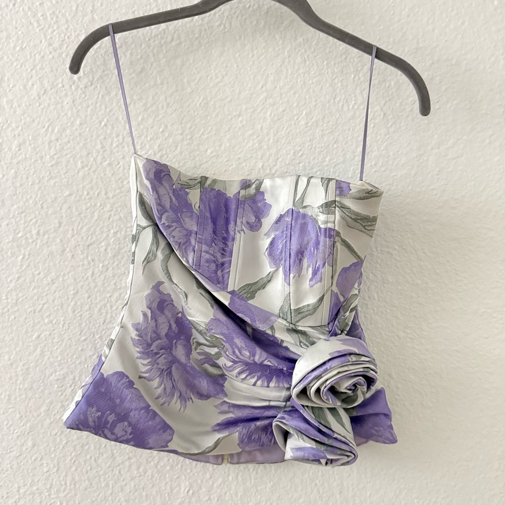 Retrofete Rosette Floral Jacquard Satin Strapless Top